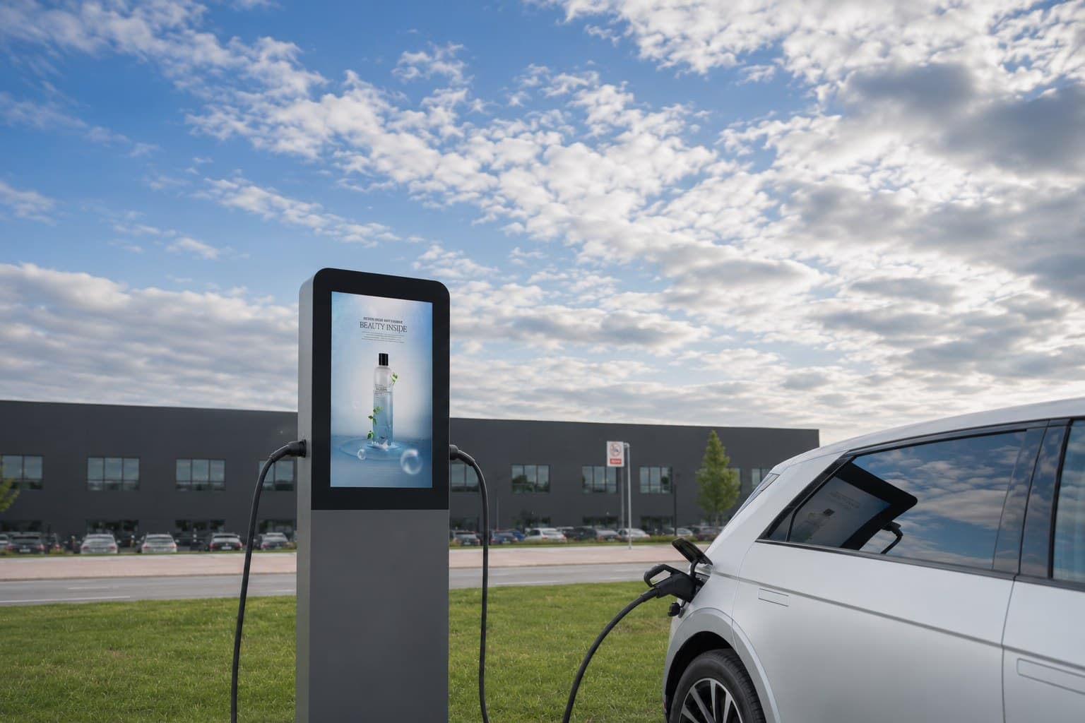 DC fast charger with a large advertising display, connected to a car outside a commercial building